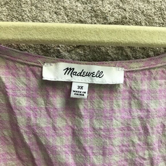 Madewell Linen-Blend Puff-Sleeve Button-Wrap Top in Plaid Lavender 3x - Picture 6 of 13